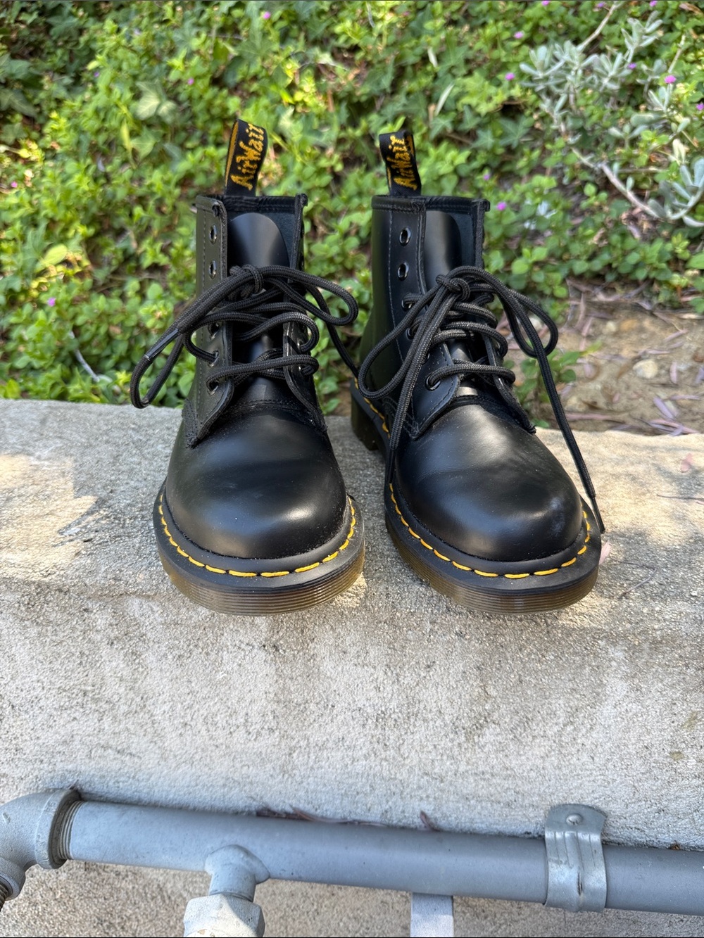 Dr. Martens Black Leather Lace-Up Boots with Yellow Stitching